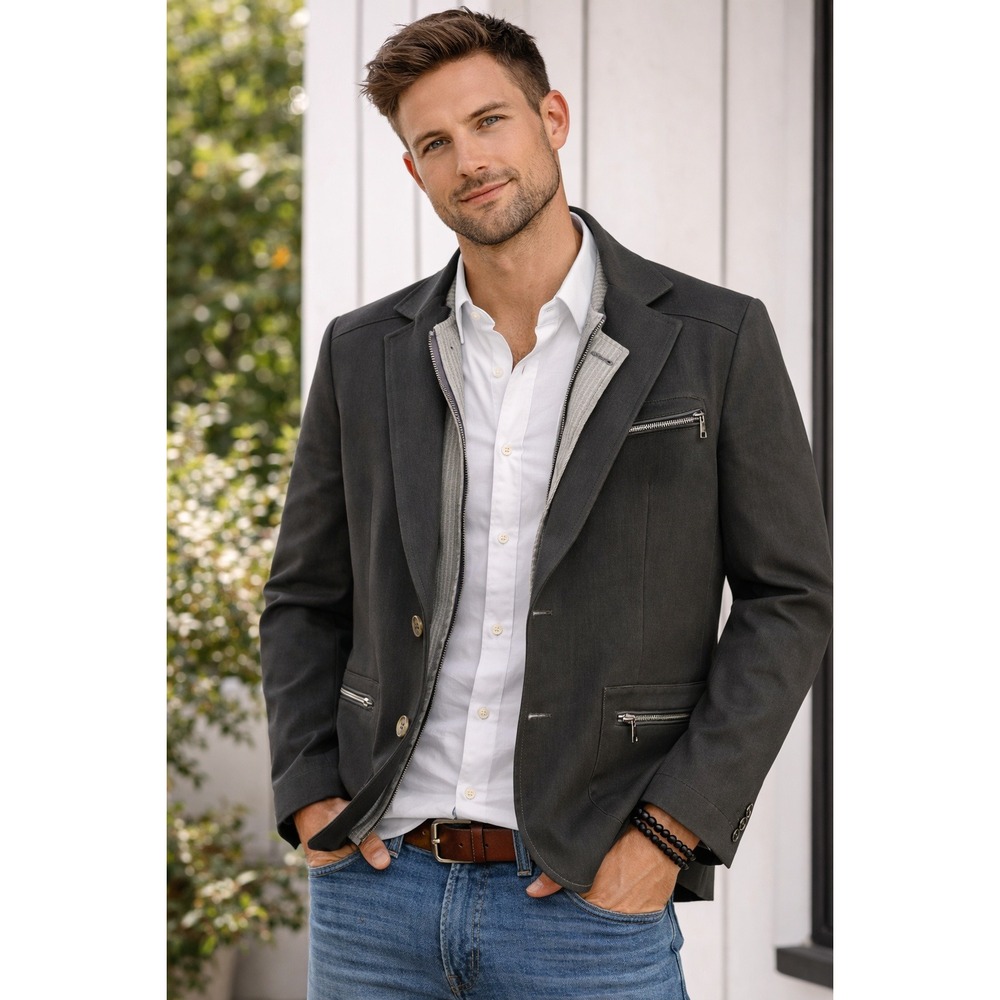RNT23 Jeans Mens Blazer Jacket Size M Black Layered Zip Vest England 545549
